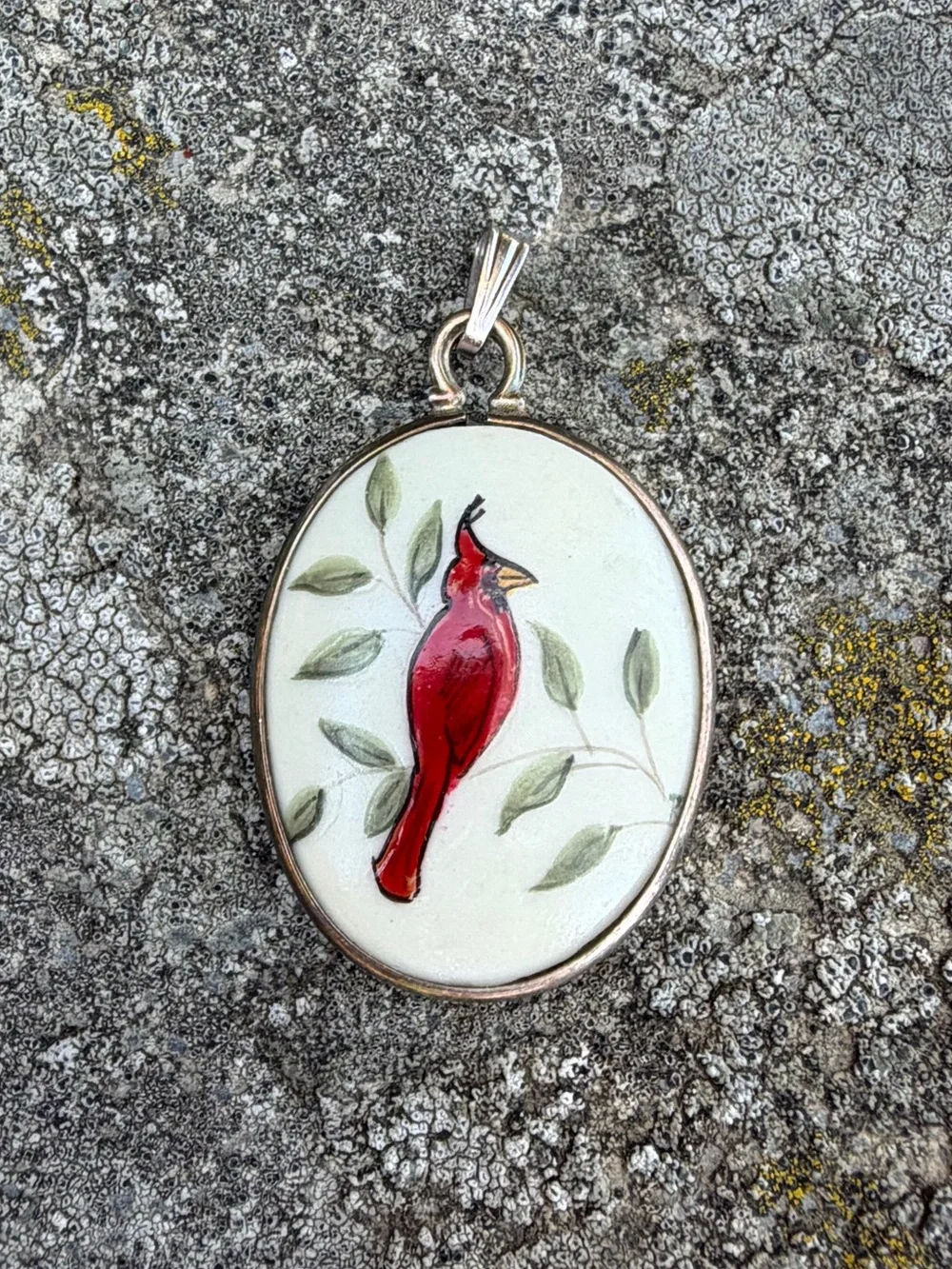 Vintage Sterling Ceramic Red Cardinal Oval Pendant Charm